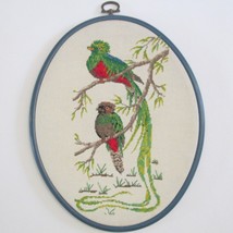 Finished Cross Stitch Birds In Oval Hoop Green Birds On Branches 8 x 10 Vintage - £22.17 GBP