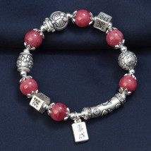 Crystal Beaded Sterling Silver Curved Tube Fu Bracelet With Lucky Charm,Gift  - £60.09 GBP