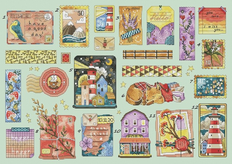 Primary image for Postal Sampler cross stitch pattern pdf - Postage stamp post office embroidery