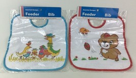 Baby Feeder Bibs 2pc Lot Assorted Designs Football Birds Vintage 80s Terry Cloth - £11.83 GBP