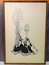 Vtg Mid Century Pen Ink Print Illustration 3 Nuns Sitting Under a Tree by Rogers - $246.51