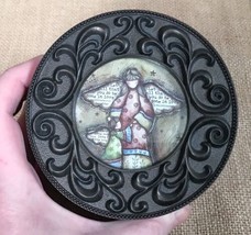 Rustic Patchwork Angel Round Brown Plastic Jewelry Music Box Velvet Lined - $19.80