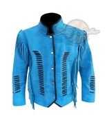 Women Western Suede Leather Blue Cowgirl Leather Classic Jacket with Fri... - £119.86 GBP+