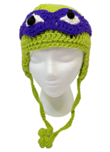 Handmade Crocheted Kids Ninja Turtles Donatello Knit Cap Hat with Tie Green - £13.86 GBP