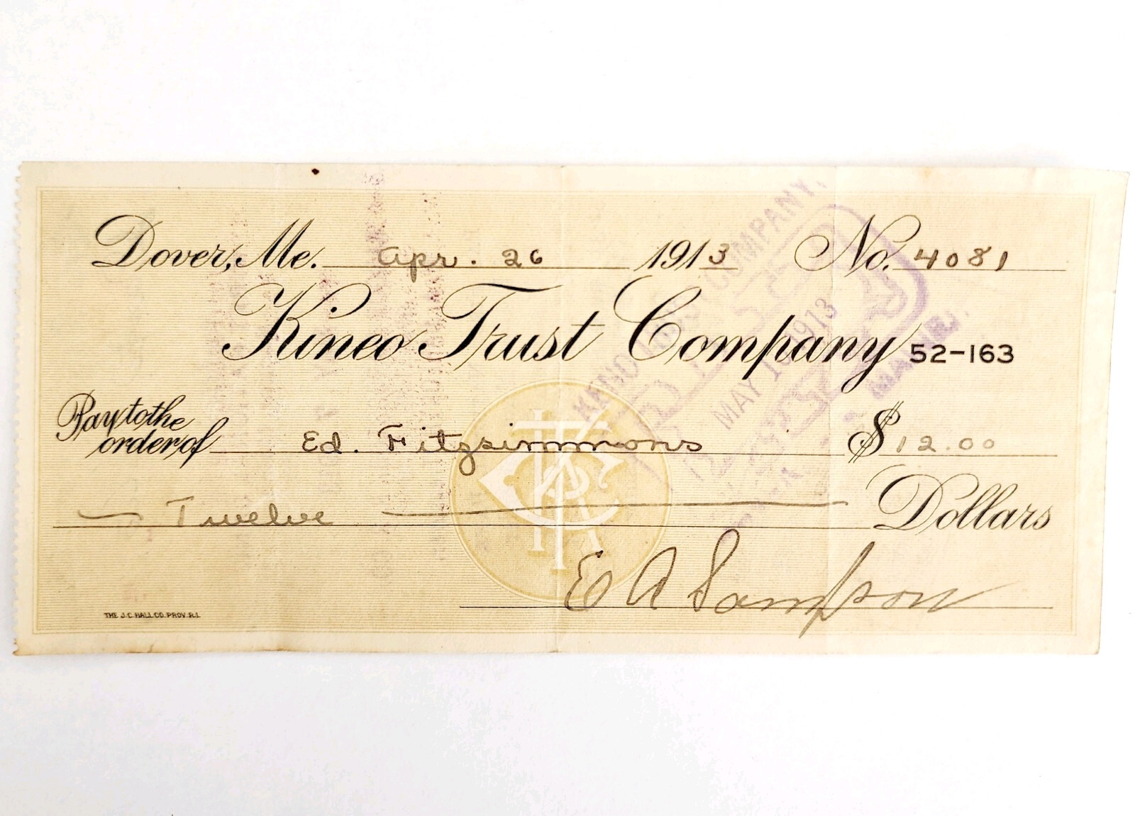1913 Kineo Trust Company Bank Check E.A. Sampson Dover Maine Signed 4081 CHX6 Item image 2