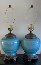 Vintage Pair of Chinese Turquoise Glazed Porcelain Table Lamps w Incised... - £1,479.13 GBP