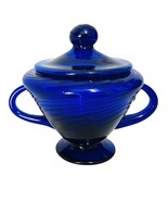 Vintage Blown Glass Cobalt Blue Swirl Design Sugar Bowl with Lid Applied... - $72.49 CAD