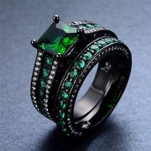 14KT Black Gold Filled Green Emerald Engagement Ring Women Wedding Bridal Set - £59.78 GBP