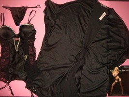 Victoria&#39;s Secret 34C GARTER SLIP corset+O/S thong+ROBE SATIN Black crys... - $169.99