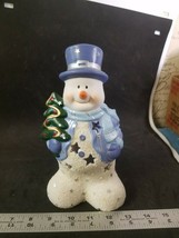 Ceramic Snowman Tea Light Luminary Candle Holder w/Tree Star Cutouts - £7.93 GBP