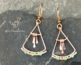 Handmade copper earrings: fan with dangles wire wrapped turquoise glass beads - £26.54 GBP