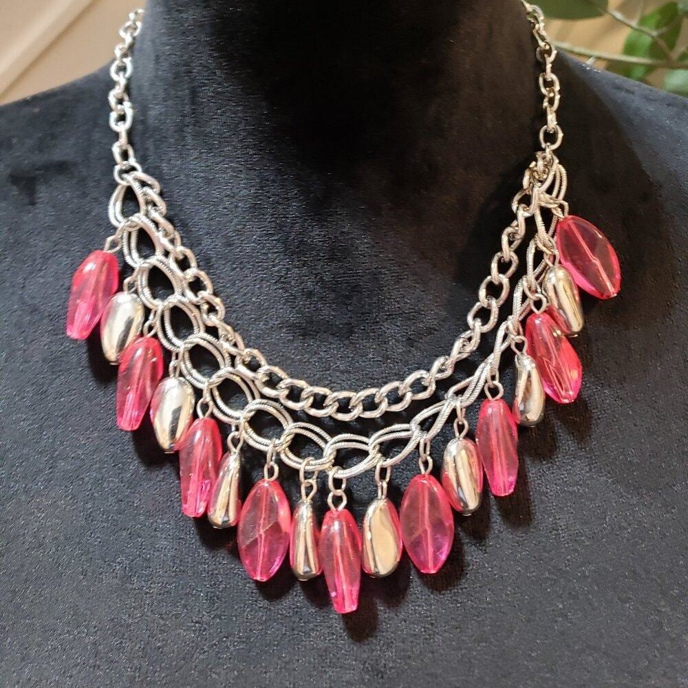 Primary image for Womens Pink Bead Short Silver Double Chain Spring Daydream Necklace