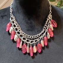 Womens Pink Bead Short Silver Double Chain Spring Daydream Necklace - $26.73
