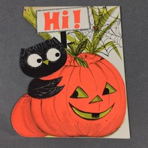 Vintage Halloween Greeting Card Die Cut Owl Pumpkin HI! Peek a boo back - $16.00