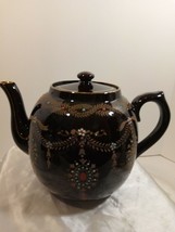 Vintage Teapot Black Hand painted Stoneware with Lid &amp; Gold Accents #1159 Eng - £19.78 GBP