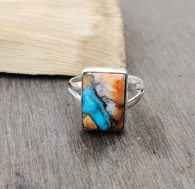 925 Sterling Silver lab created Oyster Turquoise Gemstone Handmade Ring - $16.14+