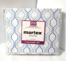 TWIN 3 Pc Geometric Sheet Set New Sealed Blue Gold Lines on White Martex... - $26.52