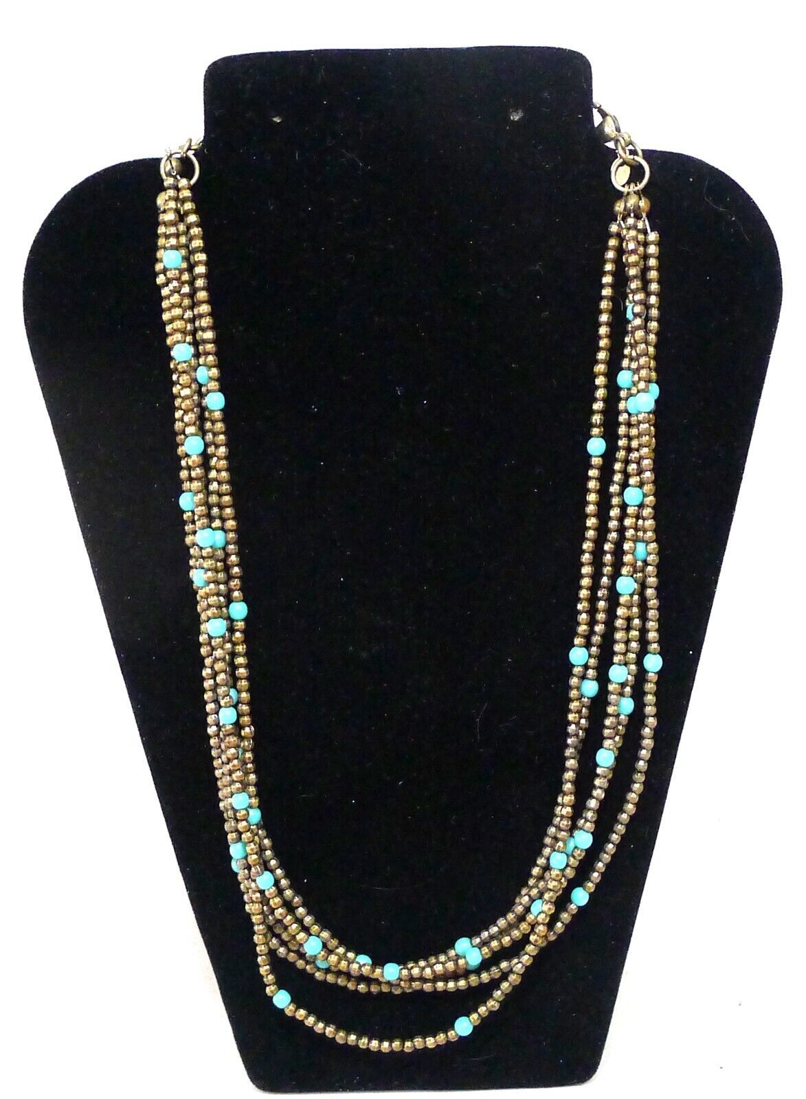 Signed Premier Designs Dark Gold Tone & Blue Seed Beaded 5 Strands Necklace 18" - £11.03 GBP