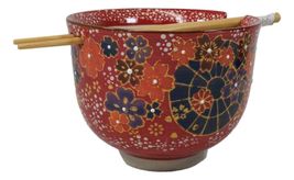 Colorful Spring Flowers Ceramic Donburi Ramen Soup Red Bowl With Chopsti... - $348.35 MXN
