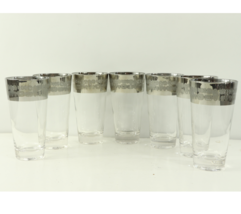 Vtg 70s Mid Century Modern MCM 7 Geometric Silver Band Highball Cocktail Glasses - £108.57 GBP