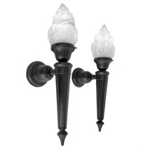 Pair Antique Cast Iron Sconce Lights 1900s Flame Glass Globes Restored - £580.58 GBP