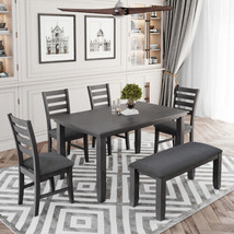 6 Set Dining Room Table and Chairs with Bench, Rustic Wood, Grey - £495.86 GBP