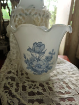 Glass Lamp shade with blue painted floral design ruffled edge vintage image 3