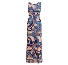 Ethnic style sleeveless V-neck strap tropical print vest dress sash maxi... - $30.80