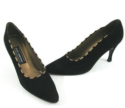 Stuart weitzman Black Suede Leather Pumps w/ Gold Chain 8 AA Heels Dressy Shoes - £35.01 GBP