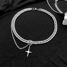 Hip-hop Tide Brand Silver Color Stainless Steel Thick Cuban Chain Cross ... - £19.59 GBP