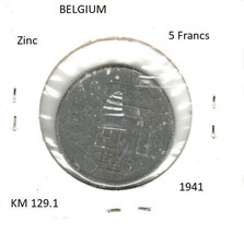 Belgium 5 Francs, 1941, zinc, KM 129.1 - £0.79 GBP