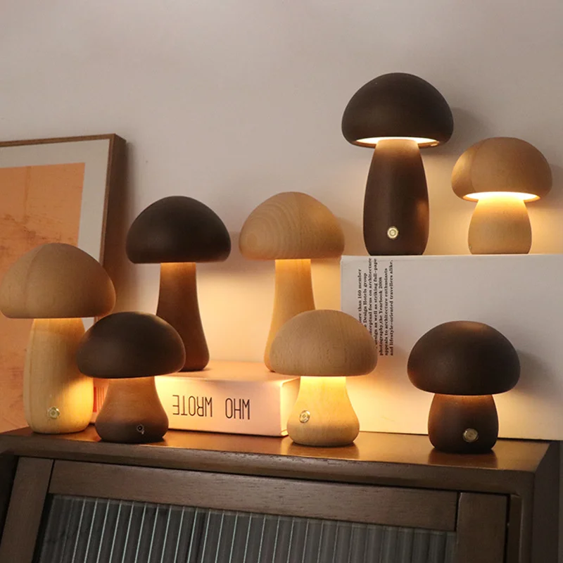 Wooden Mushrooms Night Light Touch Switch Bedroom Bedside Table Lamp Walnut - $13.88+