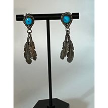 Vintage Sterling silver Southwestern turquoise dangling feathers earrings - $77.42