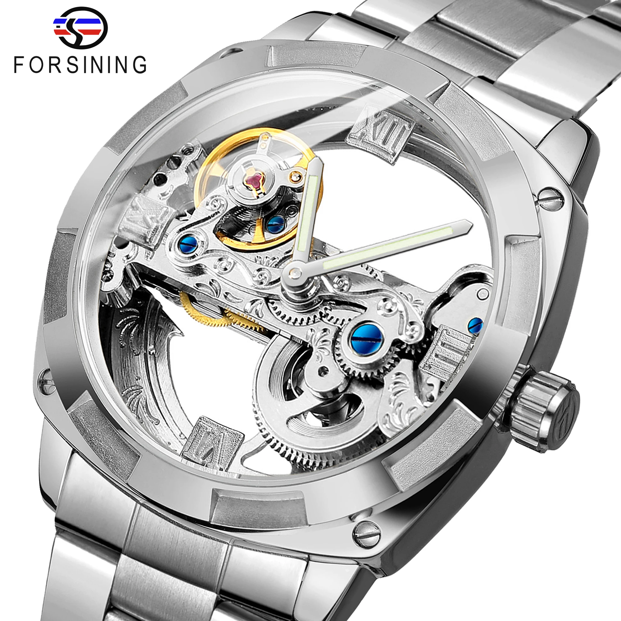 Forsining Men Transparent Design Mechanical Watch Automatic Silver Square  Gear  - £136.17 GBP