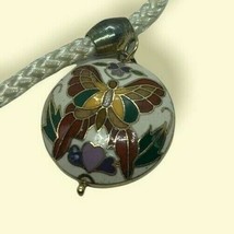 Vintage Butterfly Pendant Necklace 70s Champleve Enamel Corded flower floral - £13.27 GBP