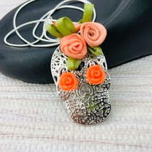 Sugar Skull Charm Necklace Orange Rose Floral Mexican Day of the Dead 24&quot; Chain - £23.94 GBP
