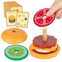 Wooden Stacking Burger Montessori Toy For 3+ Years Old, Pretend Playing Food Ham - £18.82 GBP