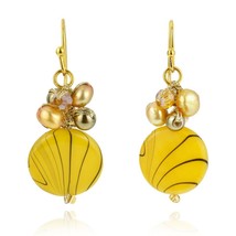Vibrant Yellow Tones Pearl and Zebra Pattern Seashell Circle Dangle Earrings - £8.15 GBP