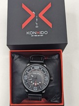 KONXIDO Mens Black Red Accents w/ black Leather Band Analog Quartz Watch... - $24.18