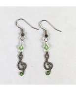 Music Note Earrings TREBLE CLEF Drop Dangle Green Crystal BAND ORCHESTRA - £7.08 GBP