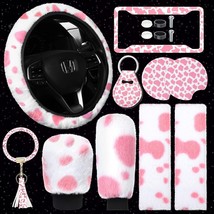 10 Pieces Cow Print Car Accessories Set Cow Fluffy Plush Steering Wheel ... - £25.73 GBP