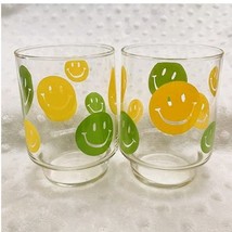 Vintage Libbey 1960s Yellow &amp; Green Smiley Face Stackable (2) Glass Tumblers - $29.65