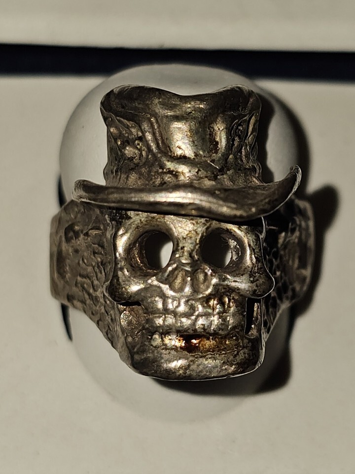 Skull Ring 925 Silver Ring Goth BIker Skull Hat Reaper Item image 2