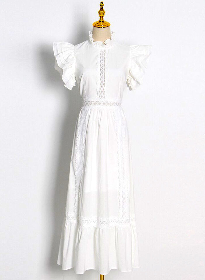 Women's Vintage Ruffled High-neck Crochet Trimmed Maxi Tiered Dress in White AUS Item image 2