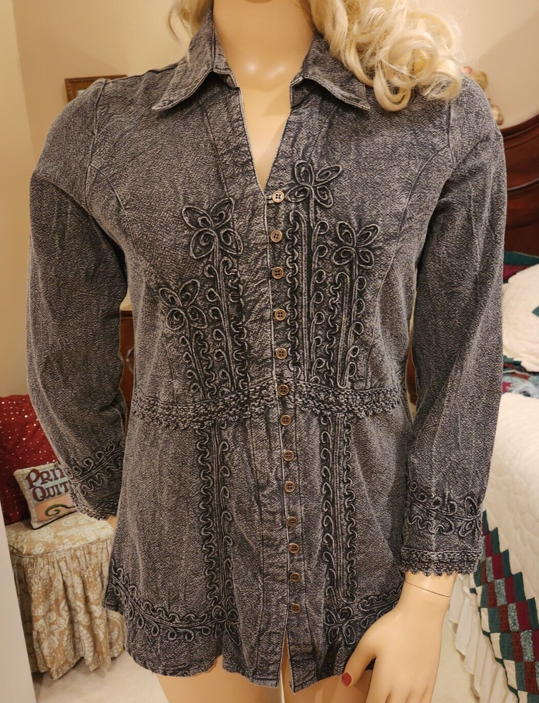 Primary image for Parsley & Sage Sz L Charcoal Gray Cotton Stone Wash Tunic Top Button Front