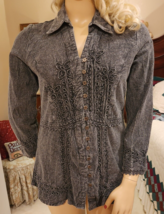 Parsley &amp; Sage Sz L Charcoal Gray Cotton Stone Wash Tunic Top Button Front - £42.95 GBP