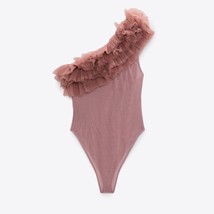 Zara Beige Pink One Shoulder Ruffled Tulle Bodysuit Bloggers Fave Small - £51.25 GBP