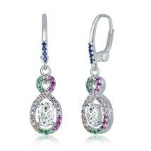 Sterling Silver Rainbow bordered Infinity Shape Clear Oval CZ Dangling Earrings - £33.47 GBP