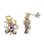 Solid Sterling Silver Multi-Colored CZ Flower Blossom Stone Modern Stud ... - £19.55 GBP