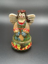 Vtg TRINKET BOX Patchwork Christmas Angel Porcelain Hinged Country Folk Ring Box - £17.88 GBP